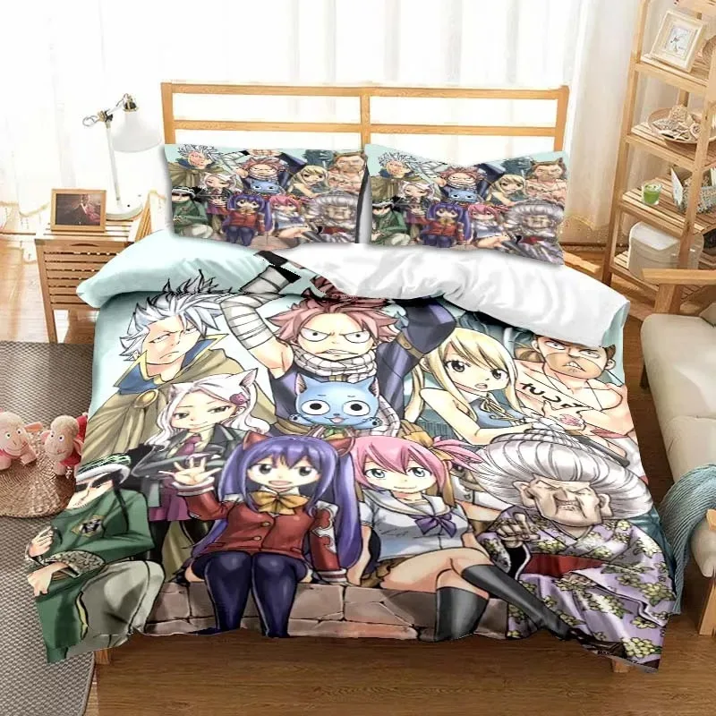 3D Anime Fairy Tail Bedding Set Bed Three-piece Set Duvet Cover Single Double Bed Queen Size Duvet Cover Set Adult Kid's Bedroom