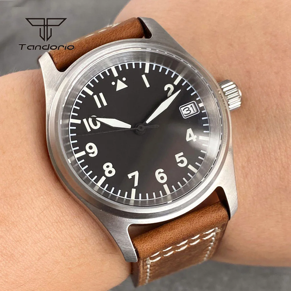Tandorio Steel 36mm Pilot Men Automatic Watch Aviator Date NH35A Simple Dive Mechanical Field Wristatch 20BAR Luminous Leather