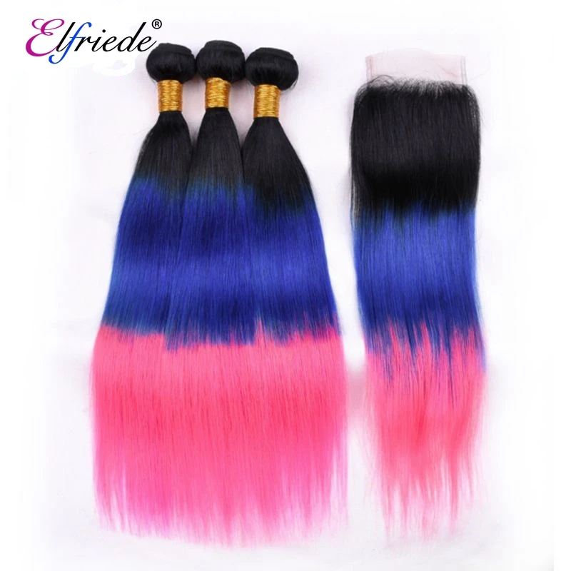 Elfriede #T1B/Blue/Pink Straight Ombre Colored Hair Bundles with Closure 100% Human Hair Weaves 3 Bundles with Lace Closure 4x4