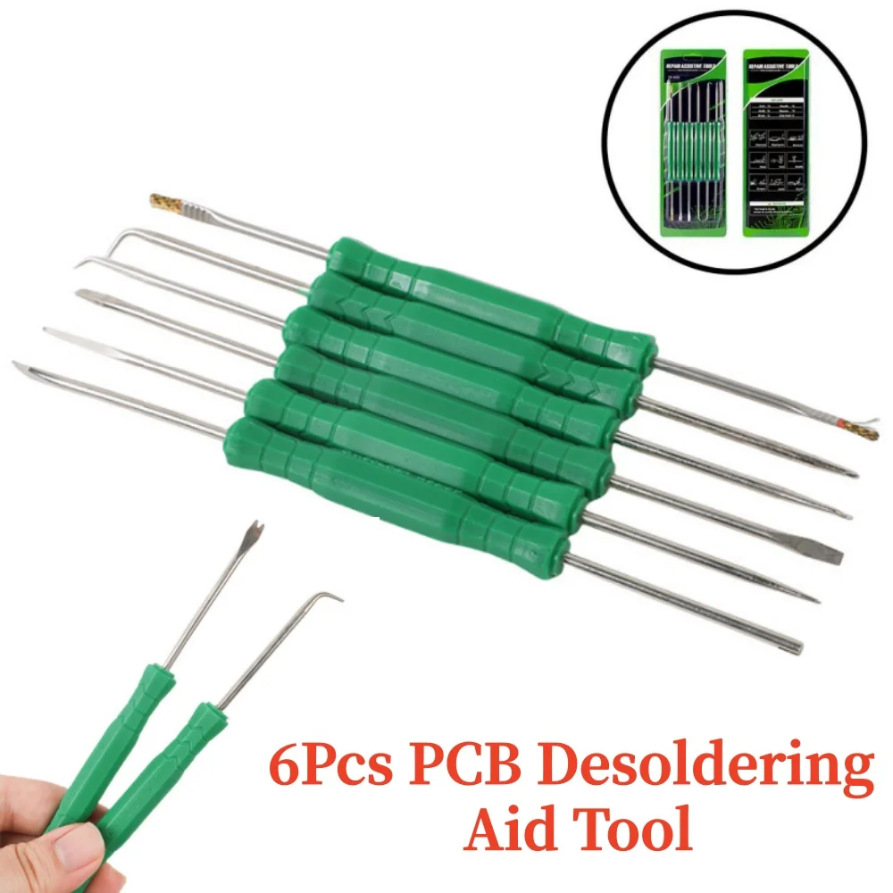 6PCS PCB Desoldering Tool Kit CPU Mainboard Rework Welding Asssit Tool Non-slip Handle Double-Tip Scraper Awl Brush Fork Hook