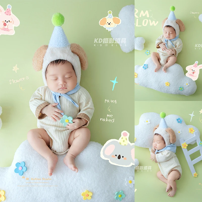 Newborn Baby Fresh Color Photography Outfit Beige Romper with Dog Ear Hat & Scarf, Cute Infant Photo Shoot Set with Plush Cloud
