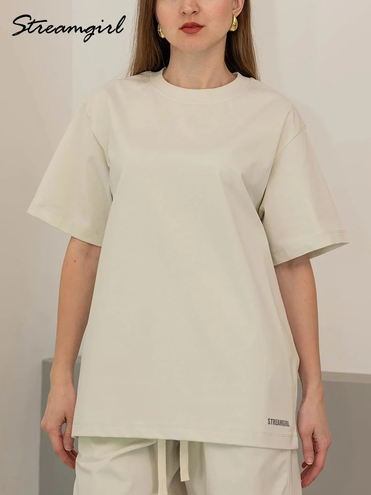 

Streamgirl Plain Oversized T Shirt Women Cotton Summer Top Off-white Tees Ladies Basic High Quality Crew Neck T-Shirts For Women