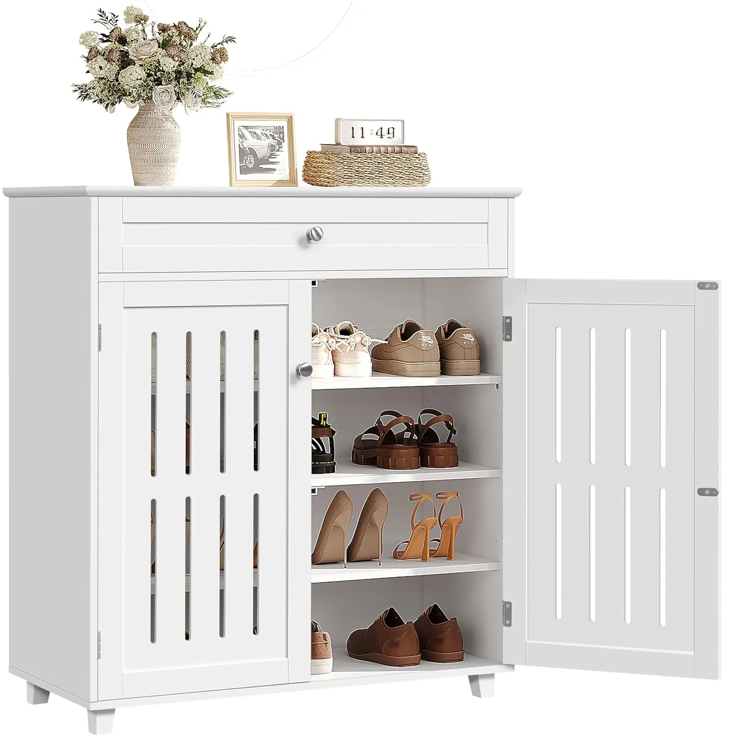 Wooden 4-Tier Shoe Storage Cabinet With Drawer & Adjustable Shelves Shoe Rack Organizer, Custom