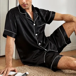 Men's Summer Classic Satin Casual Solid Sleepwear Short Sleeve Turn-down Collar Comfortable Top And Shorts 2 Piece Loungewear