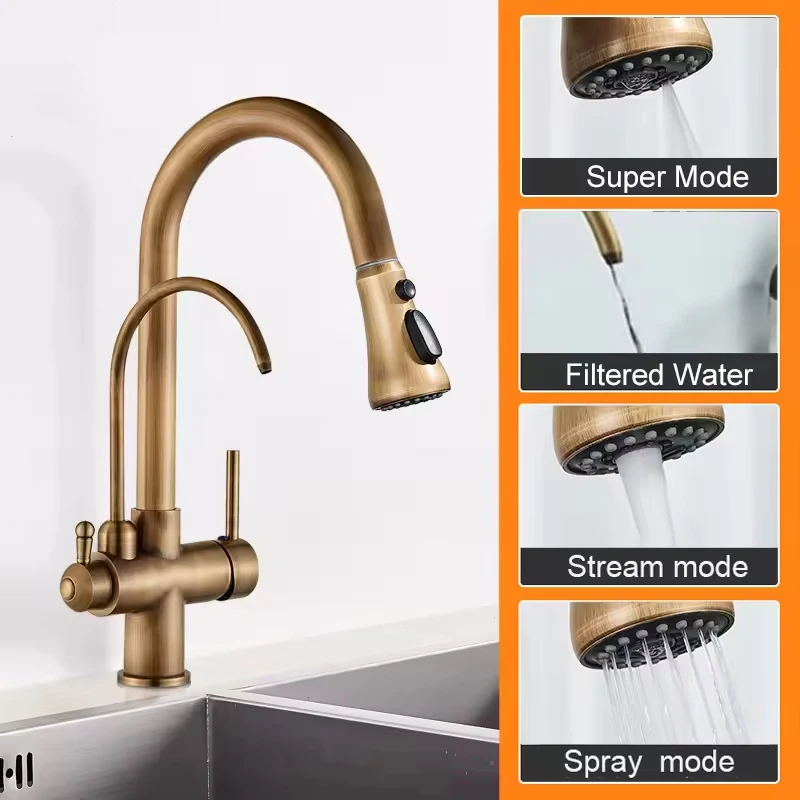 

Antique Brass Pull-out Kitchen Faucet Water Purifier Sink Faucet 360° Rotate Hot Cold Drinking Water Filter Kitchen Mixer Taps