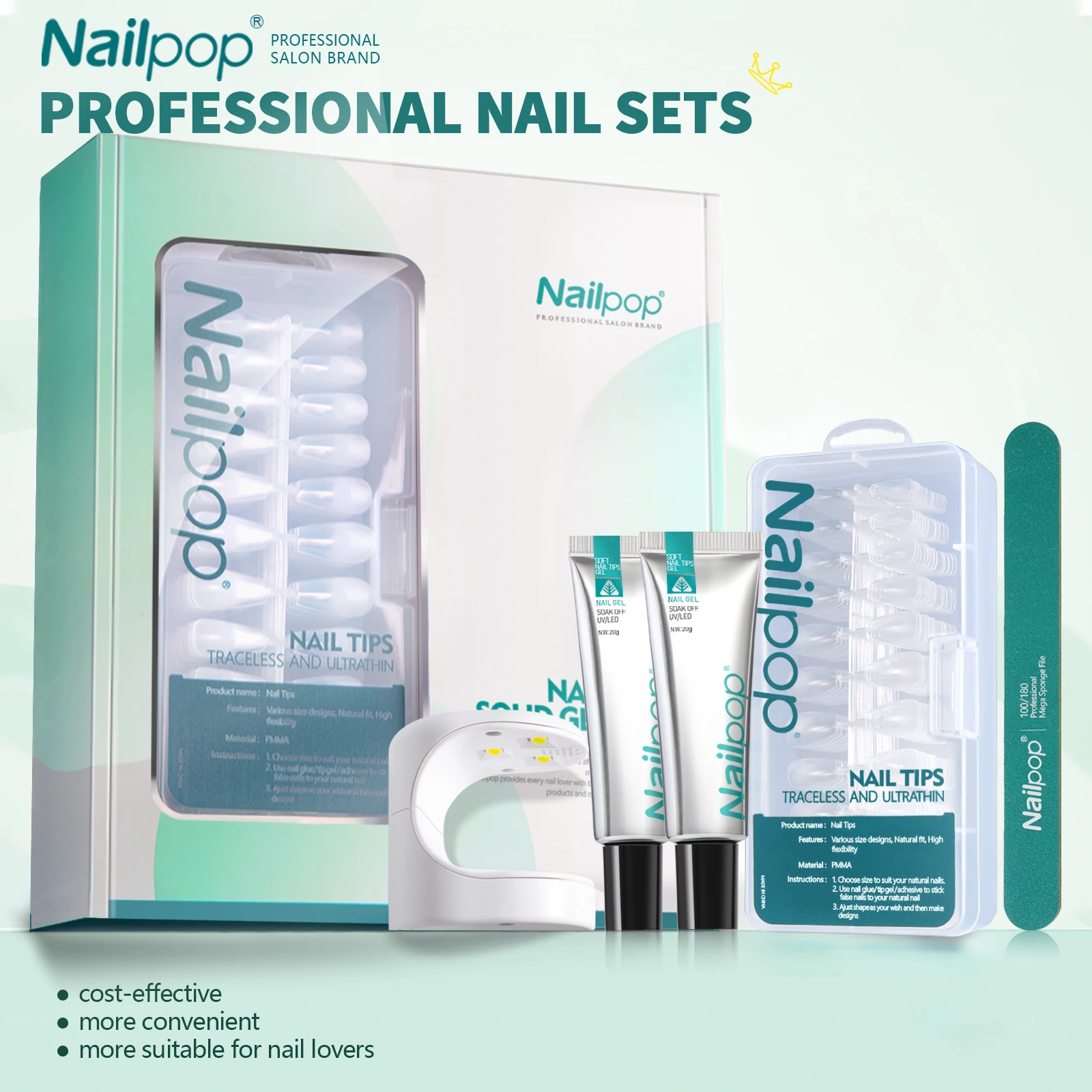 

Профессиональный набор инструментов для ногтей Nailpop включает в себя УФ-светодиодную лампу для ногтей 600 прозрачных кончиков ногтей, 2 гелевых лака и двустороннюю пилочку для маникюра