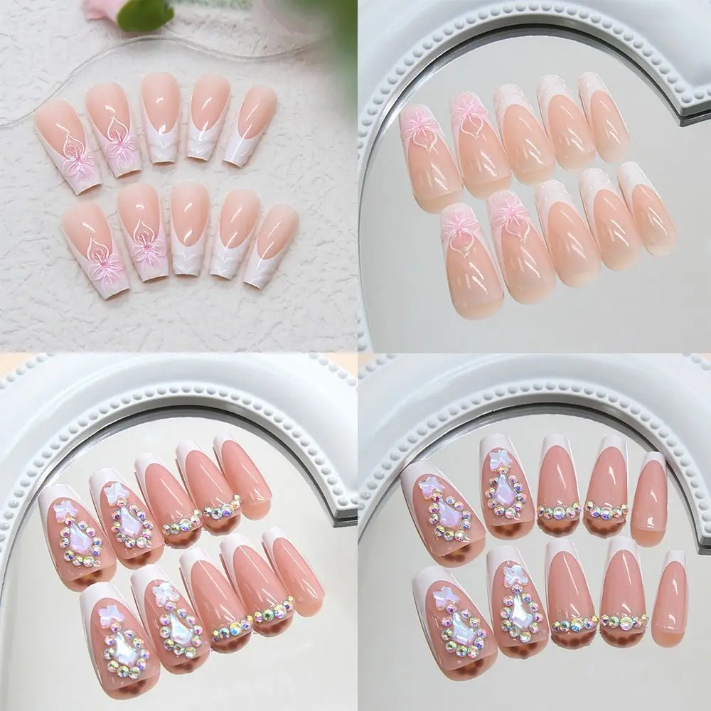 เล็บปลอมทรงบัลเลริน่าแบบถอดได้ 24 ชิ้น ขอบสีขาว ประดับเพชรระยิบระยับ เล็บปลอมแบบฝรั่งเศส ปิดเต็มเล็บ สำหรับผู้หญิง