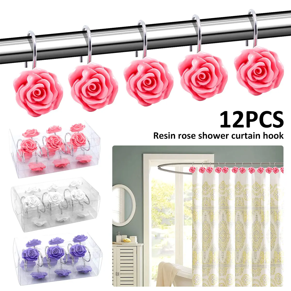 12Pcs Shower Curtain Hooks Resin Rose Flower Shower Hooks Decorative Hooks Rings for Bathroom Baby Room Bedroom Living Room