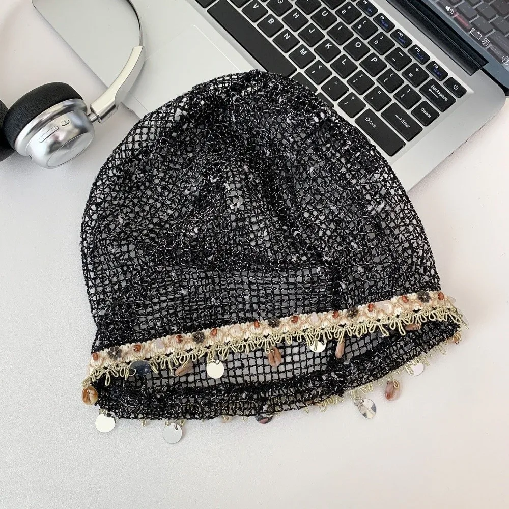 Seasheel Tassel Trim Mesh Beanie for Women Breathable Versatile Knit Skull Cap Soft Hollow Out Beaded Crochet Cap Spring Summer 4