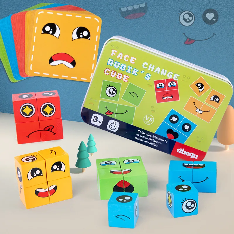 Juego de rompecabezas de cubo de cambio de cara para niños, juguetes educativos, expresiones de emoción, juegos de bloques para niños, juguete Montessori de Aprendizaje Temprano