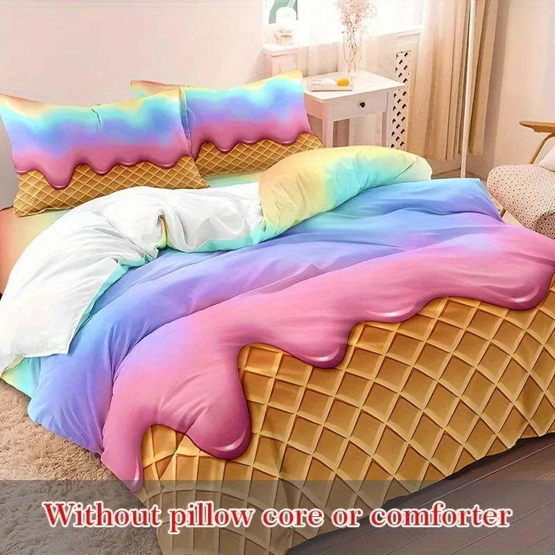 

3pcs Vibrant Rainbow Ice Cream Wafer Cone Duvet Cover Set - Soft, Breathable, and Comfortable Bedding for Bedroom, Dormitory