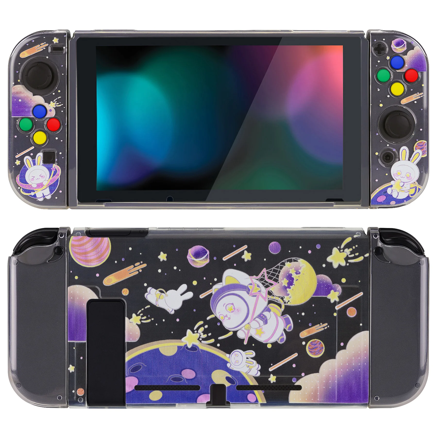 PlayVital Transparent Soft TPU Slim Protective Shell for Nintendo Switch with ABXY Direction Button Caps - Space Cat Adventure image 5