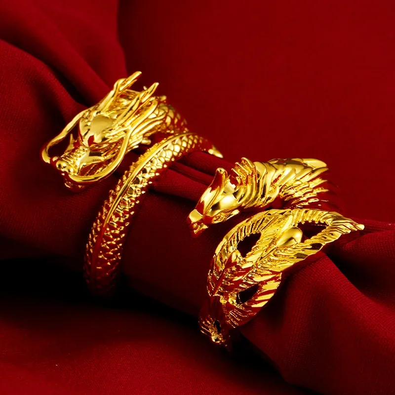 Classic Gold Dragon Phoenix Couple Ring with Adjustable Opening 100% Reproduction 999 Gold 18K Men's and Women's Jewelry