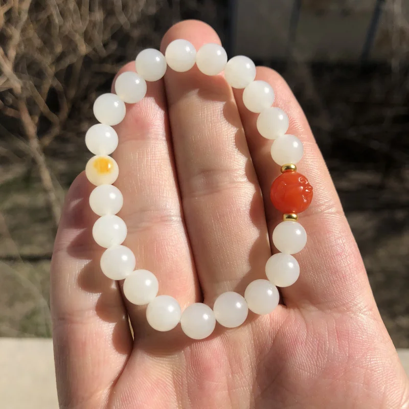 

Материал семян Хэтянь, круглые бусины, 8 мм, овечий жир, белый нефритовый браслет, женская нить из бисера