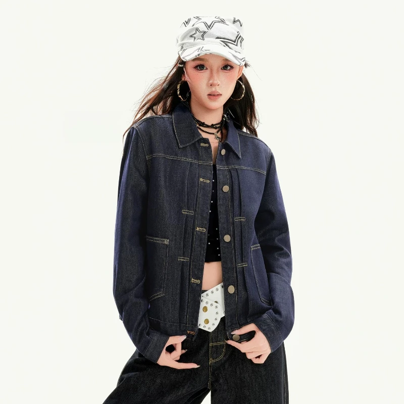 Ladies Retro American Denim Coat Lapel Contrast Stitching Loose Jacket with Back Buckle Strap Waist Design Fashion Casual Top