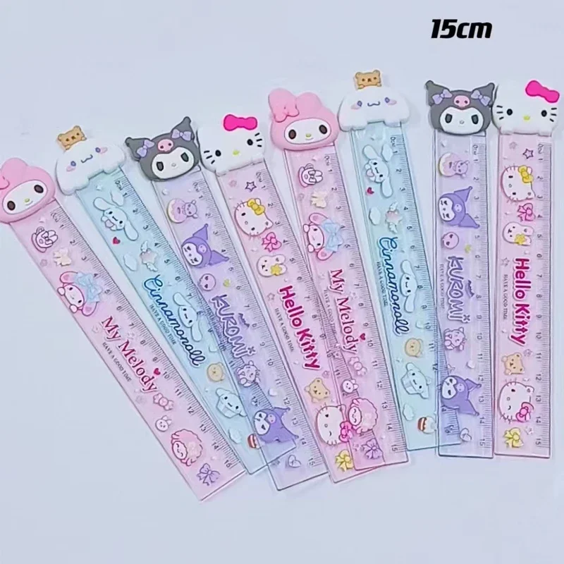 New 4Pcs Sanrio MyMelody Kuromi Cinnamoroll 15cm Transparent Plastic Straight Ruler Creative Cartoon Bookmark Stationery Gift