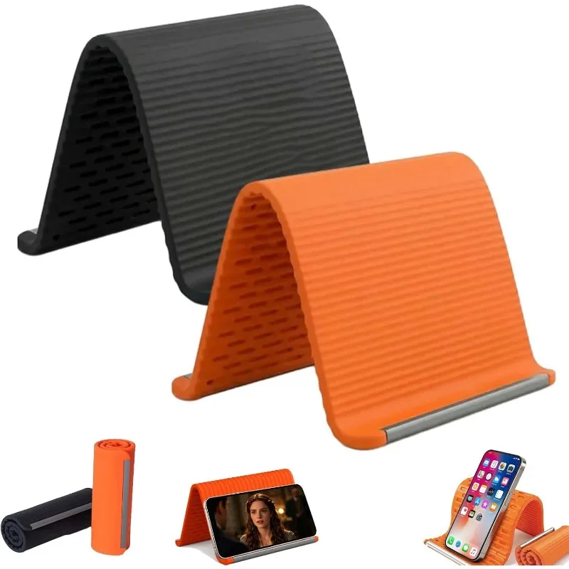 Support de téléphone en silicone avec aluminium, support de téléphone pliable flexible (orange, noir)
