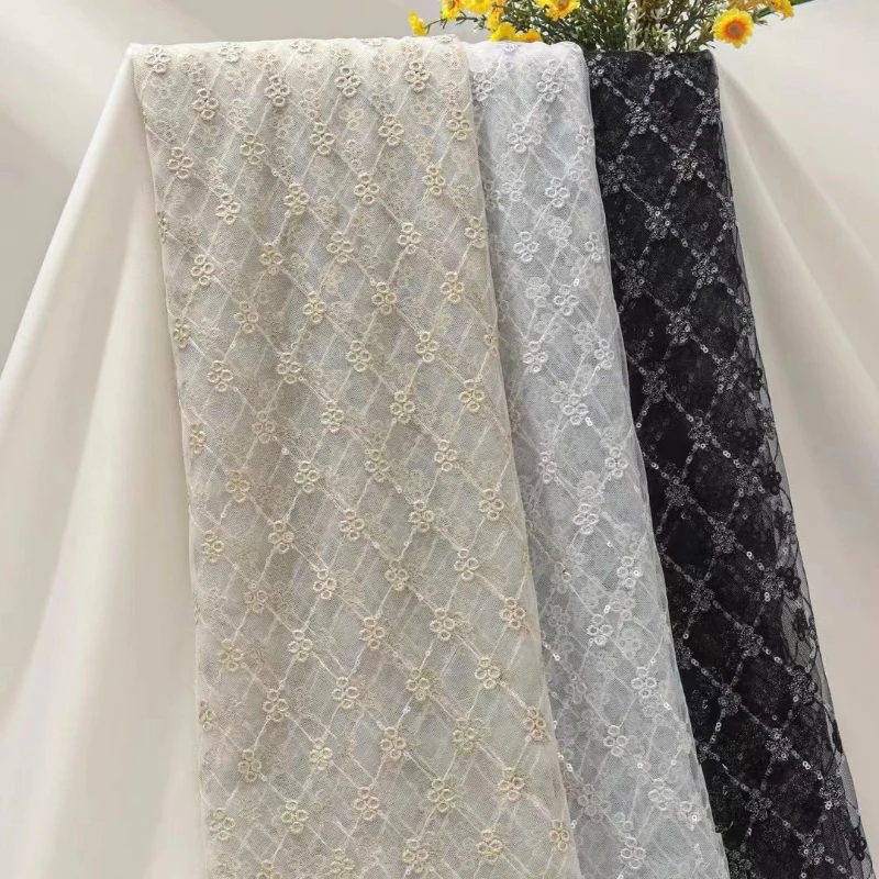 Checkered Mesh Sequin Embroidered Lace Fabric for Dresses Kids Clothing By The Yard