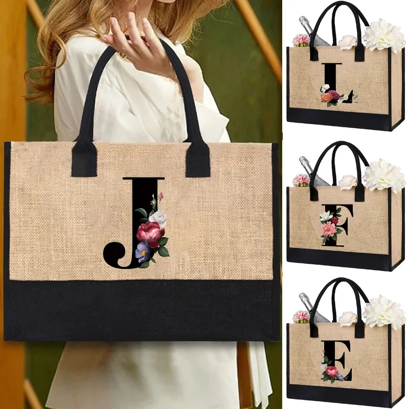 

Retro rose letter word linen black woven tote bag for women, shoulder bag, crossbody bag, shopping bag, eco-friendly bag