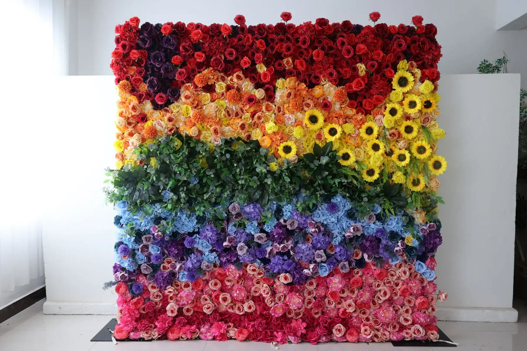 3D Rainbow Series Luxury Rose Sunflower Green leaves artificial flower wall Outdoor birthday wedding background decorative wall