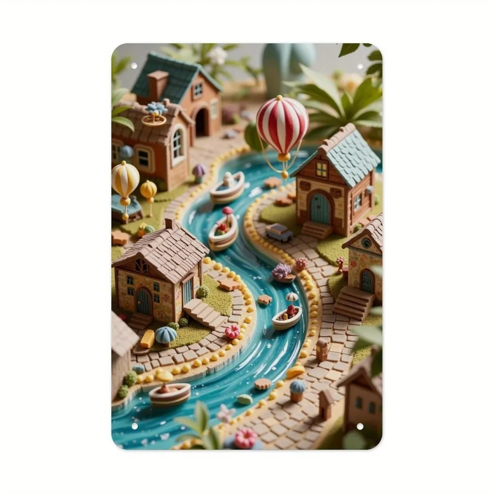 Vintage 2D Metal Wall Art, Rustproof Iron Village Scene with Colorful Houses & River Boat, Classic Design for Cafe Bar Garden