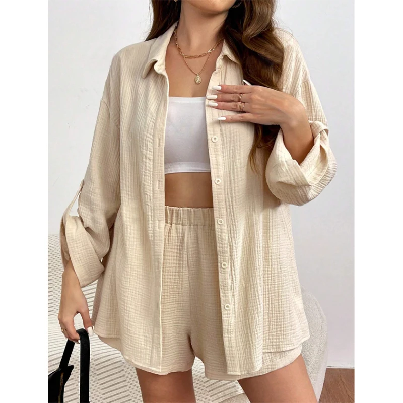 Muslin 100% Cotton Gauze Elegant 2-piece Sets for Women Long Sleeve Button Up Shirts Top + Shorts Suit Holiday Outfits