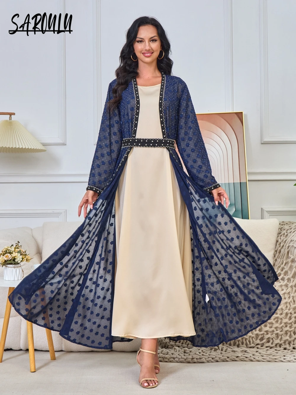 Abaya Festival Evening Dress Muslim Elegant Blue Long Sleeves Prom Gown Customized Women Caftan New Arrival A Line Cocktail Wear