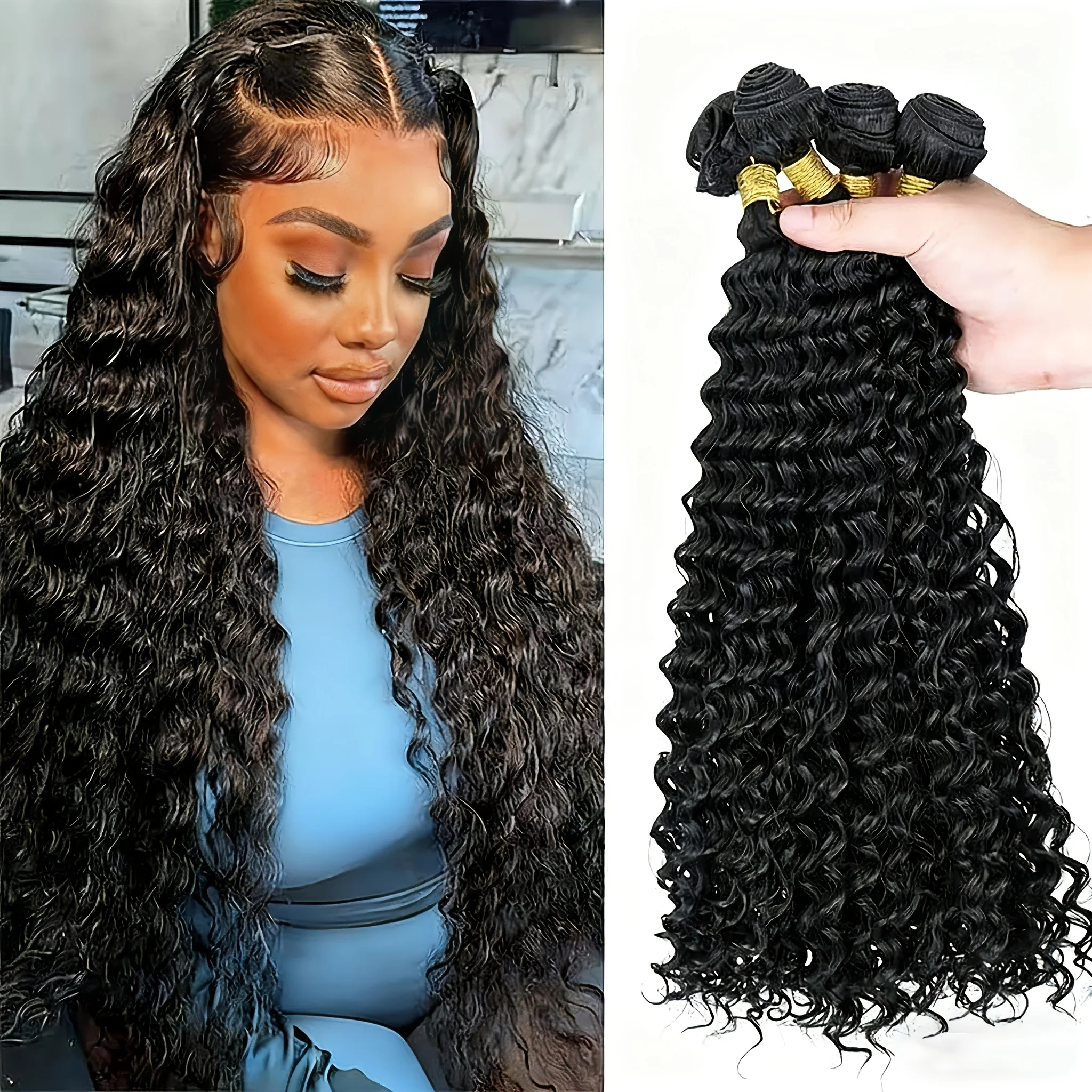 

Deep Wave Bundle Weave Human Hair 3/4 12A Bundles Deep Curly Virgin Hair Wet Bundle Double Weft 16Inch Extensions Human Hair