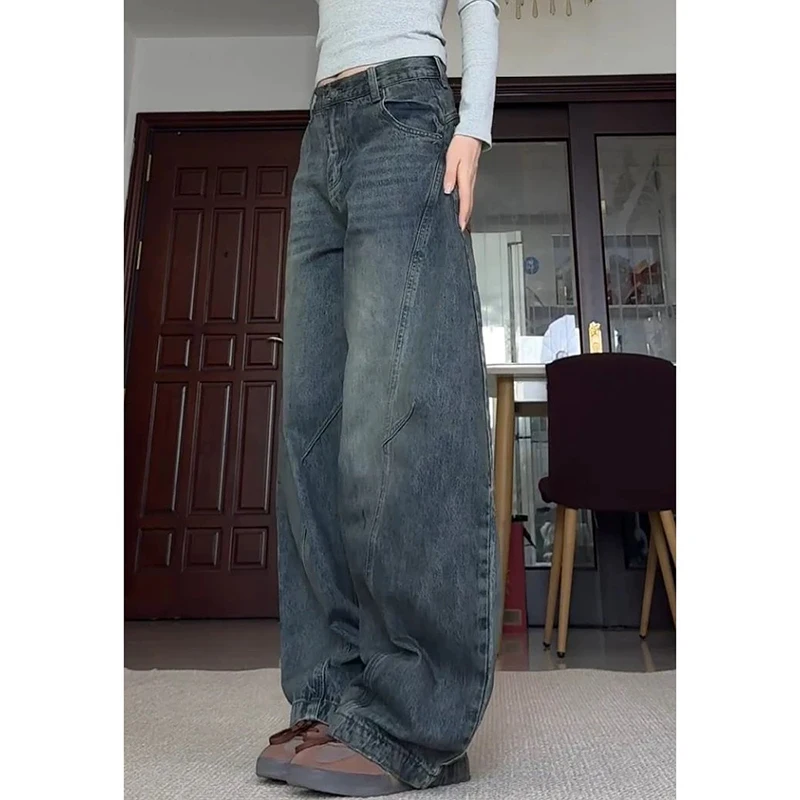 Women Vintage Blue Wide Leg Jeans American Retro Vibe High Street Baggy Denim Trousers Hip Hop Streetwear Wide Leg Pants