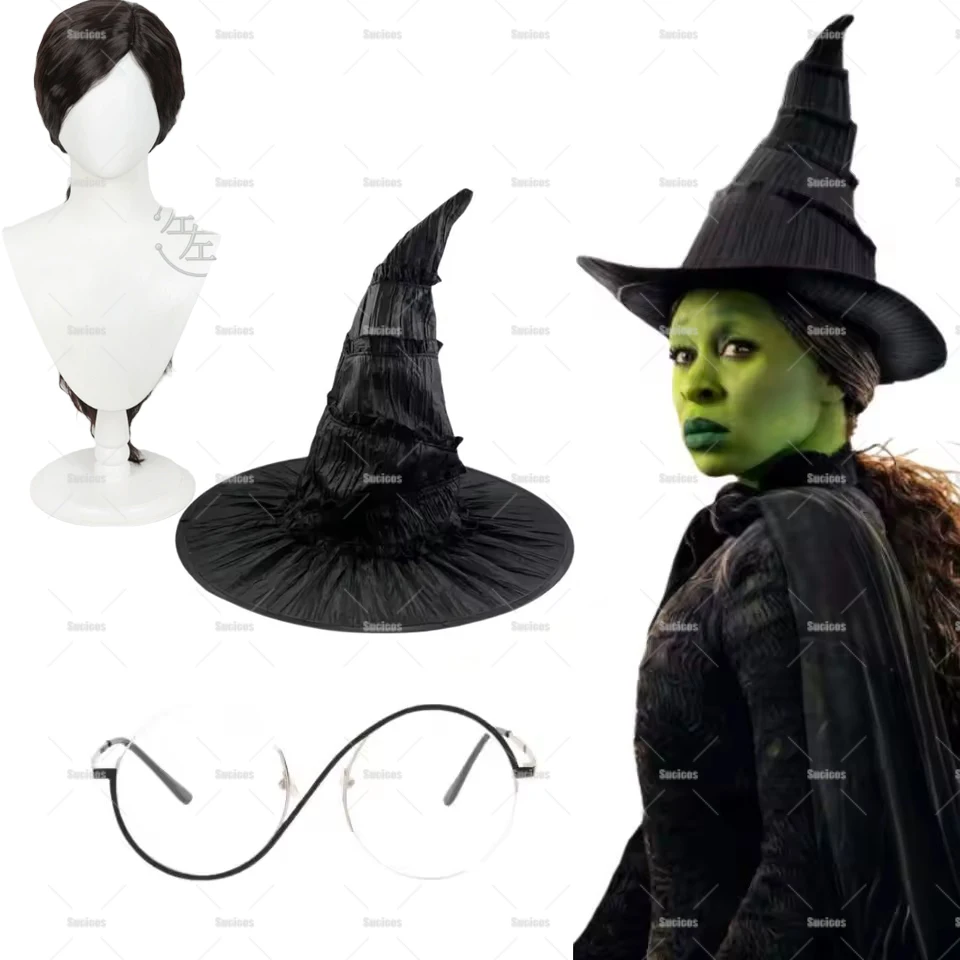 

Anime Wicked Elphaba Cosplay Wig Hat Glasses Eyewear Fantasia Costume Disguise for Women Roleplay Halloween Accessories Props