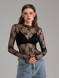 wsevypo Women Long Sleeve Sheer Lace Basic Shirts Fashion See-Through Crew Neck Pullover for Streetwear Aesthetic Clothes