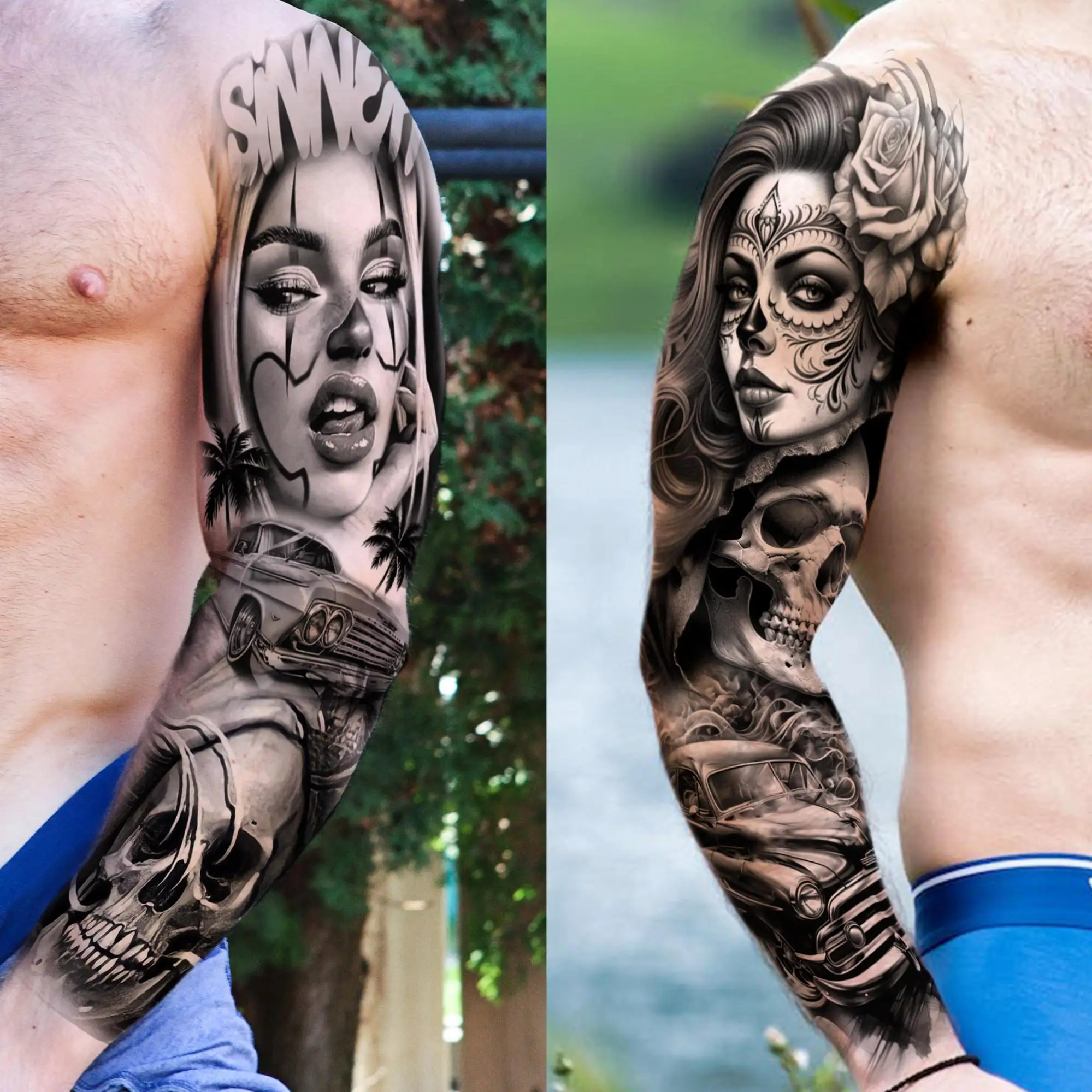 1 Sheet Full Arm Chichano Gangster Temporary Tattoos Sleeve Rebellious Nun Girls Design Arm Tatoo Waterproof Fake Tattoo Sticker