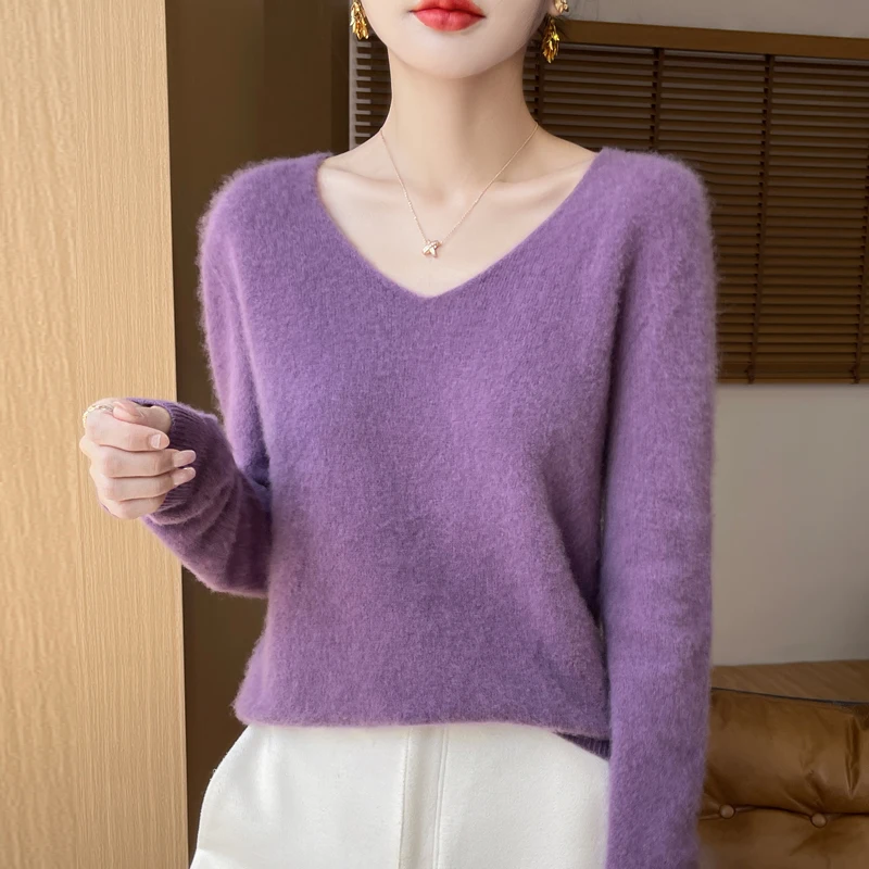 100% Wool Sweater Women V-neck Solid Long Sleeve Top Autumn Winter Fashion Elegent Knit Basic Female Warm Soft Pullover Jumper