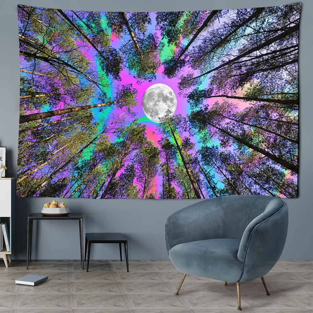 Colorful Moon Forest Tapestry Wall Hanging Abstract Witchcraft Mysterious Night Scene Bedroom Living Room Simple Home Decor