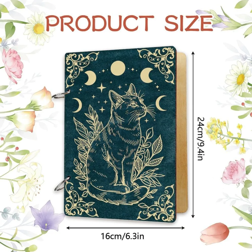 Wooden Card Keeper Memory Book Cats Loose Leaf Binder Greeting Card Postcard Photo Album Wood Cover Moon Phase