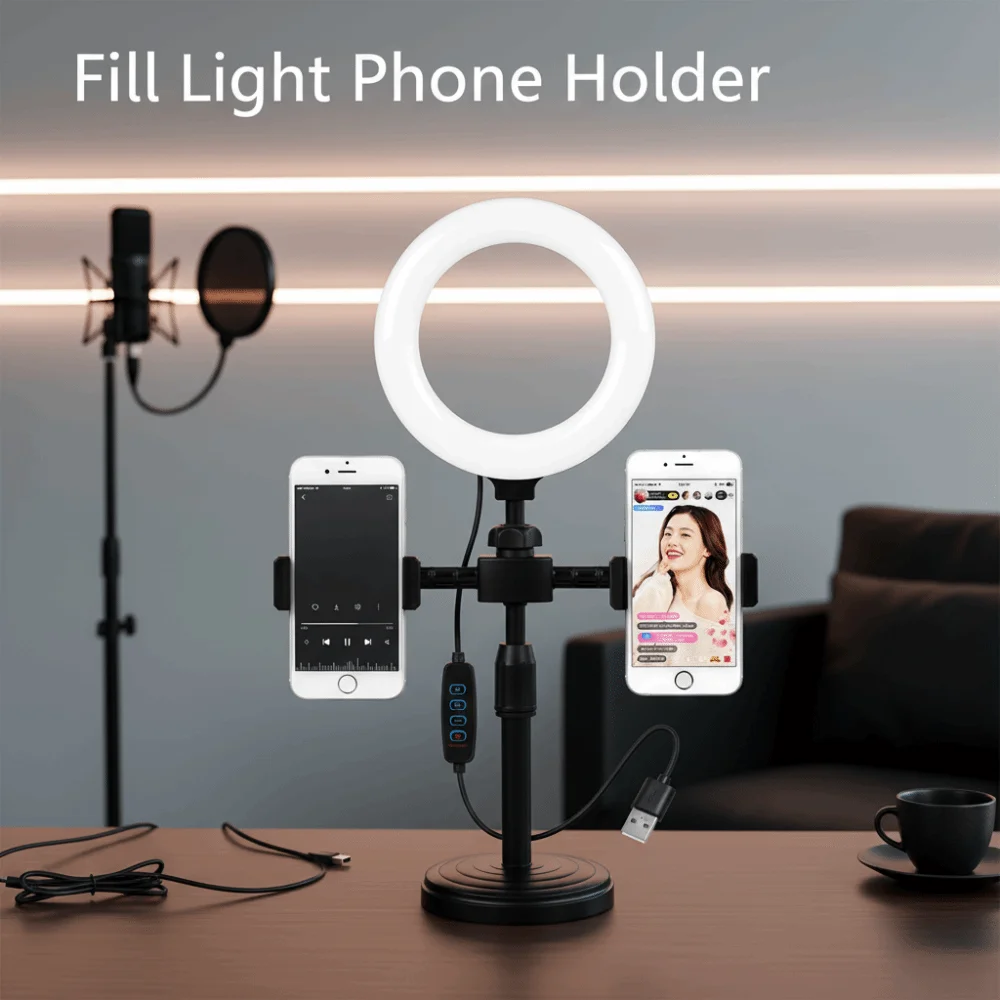 Dual Phone Position Fill Light Phone Holder Lighting Bracket Portable Live Streaming Fill Light Universal Stable Base