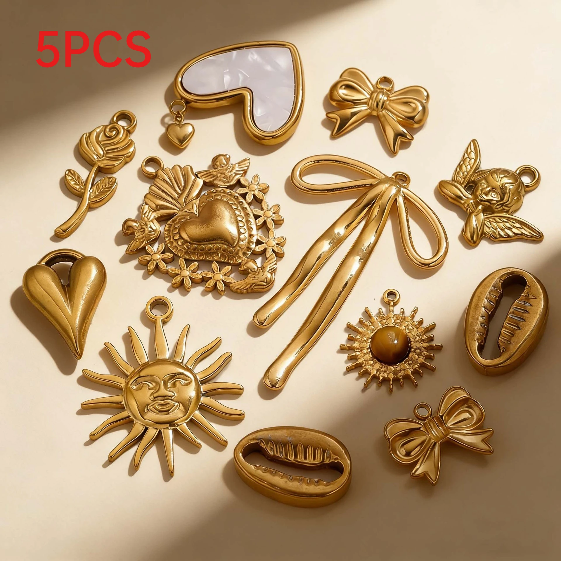 

5Pcs Stainless Steel Charms Retro 3D Sun & Heart Pendant For DIY Necklace Jewelry Making Accessories