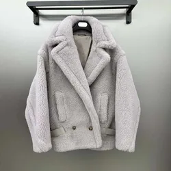 Grand Luxurious Women Coat Winter 2024 New Arrival Real Sheep Wool Jacket Short Length Drop-Shoulder Sleeve Letter Decoration