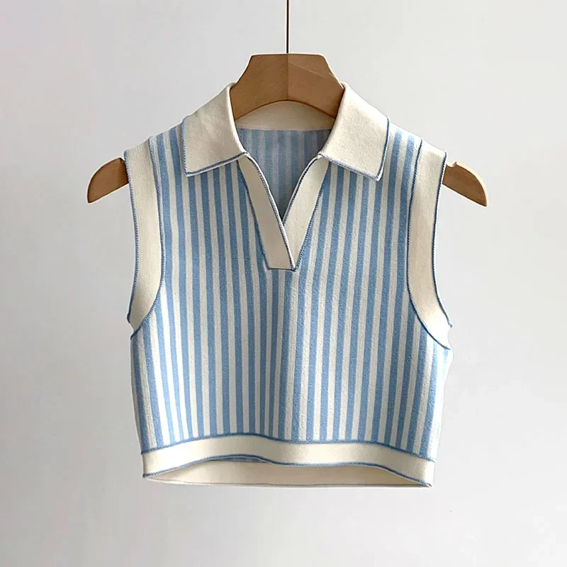 

Summer Blue Polo Collar Knit T-shirt Women Cropped Striped Vest Tops Sleeveless Contrasting Edges Tees