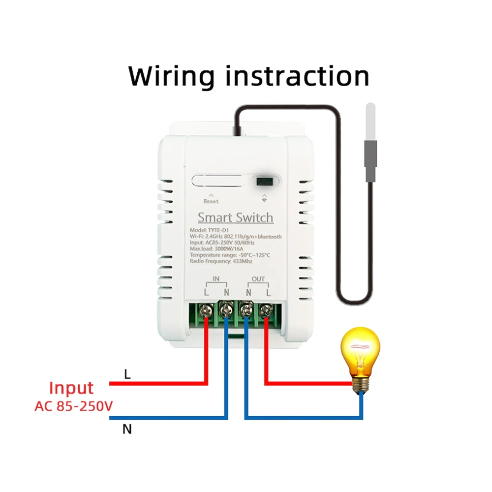 Tuya TH-16 Smart Wifi Switch 16A/3000W Monitoring Temperature Sensor RF433 remote Control Compatible with Alexa Google Home