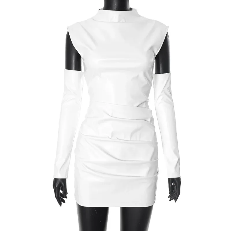 Mini abito aderente in pelle PU moda elegante da donna Copri maniche lunghe increspato Slim Night Club Abiti da festa Abiti streetwear