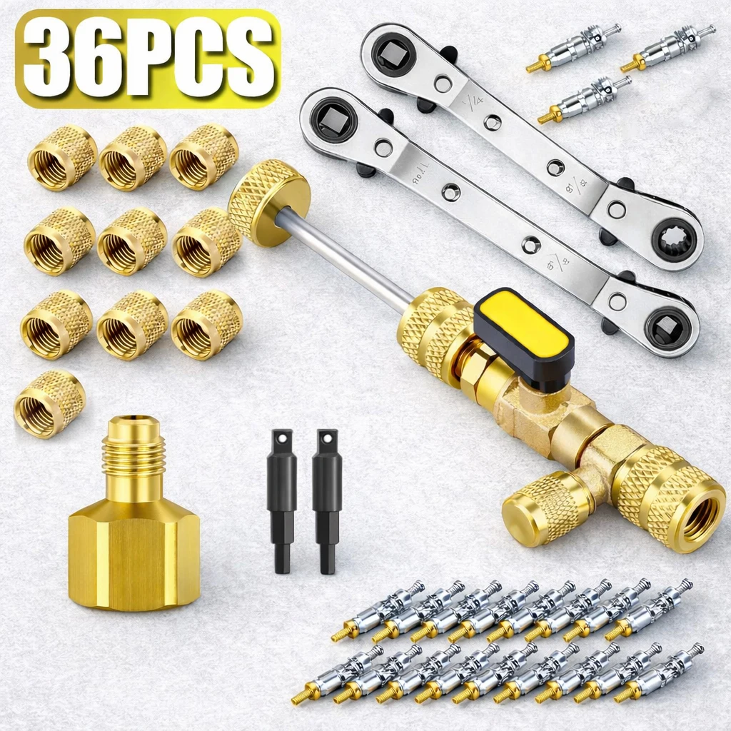 כלי להסרת ליבות שסתומים מסוג שריידר, ערכת התקנה עם יציאות כפולות בגודל 1/4 אינץ' ו-5/16 אינץ', עבור גז קירור R22, R410a, R134A, R12, R32