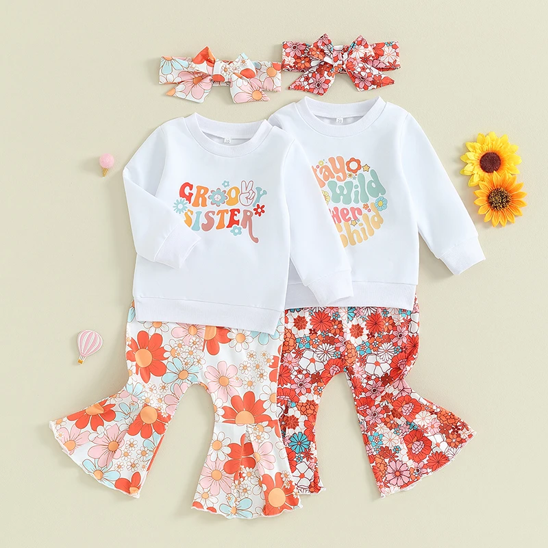 

2023-09-08 Lioraitiin 0-3Y Baby Girls Clothes Outfits Letter Print Long Sleeve Sweatshirt and Floral Flared Pants Headband Set