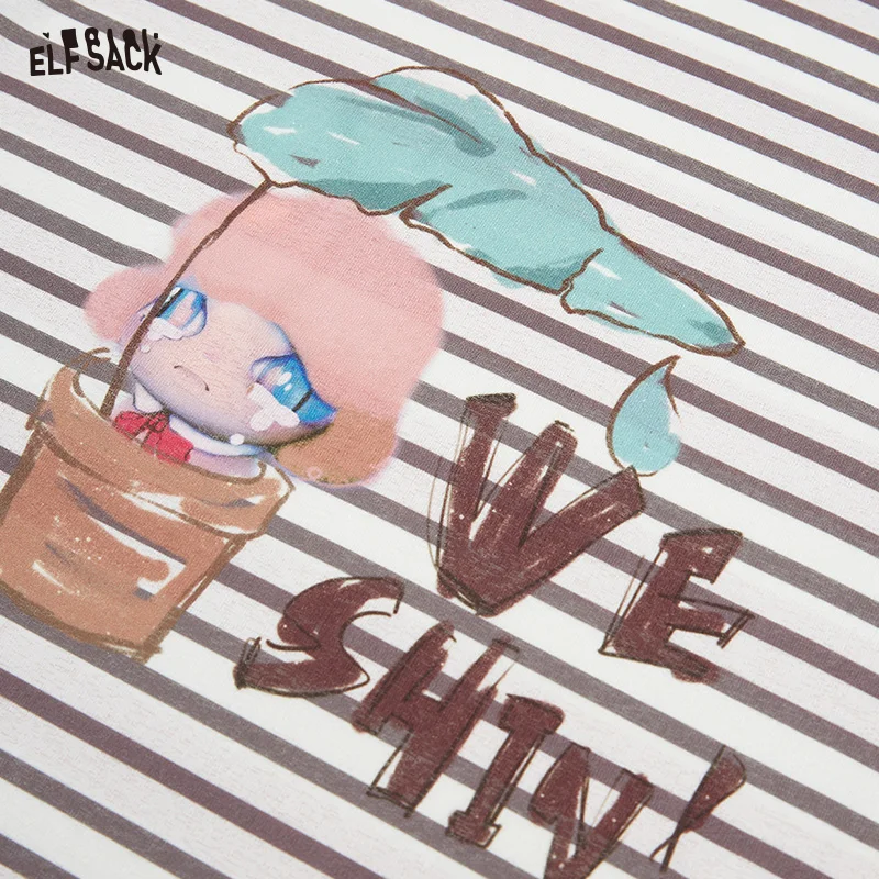 ELFSACK 2025 Summer New Arrival Casual Clash Of Colours Striped Printed Long-Sleeved T-Shirt For Woman