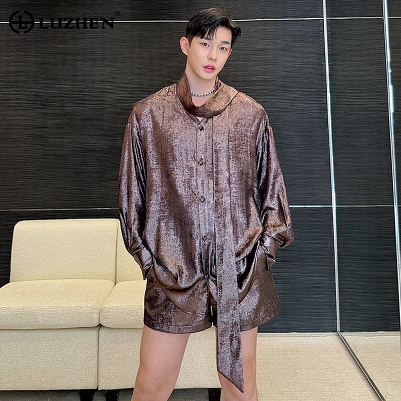 LUZHEN Ribbon Decorate Trendy High Street Long Sleeved Shirts Two-piece Sets New Men's Personality Elegant Stylish Shorts LZ2577