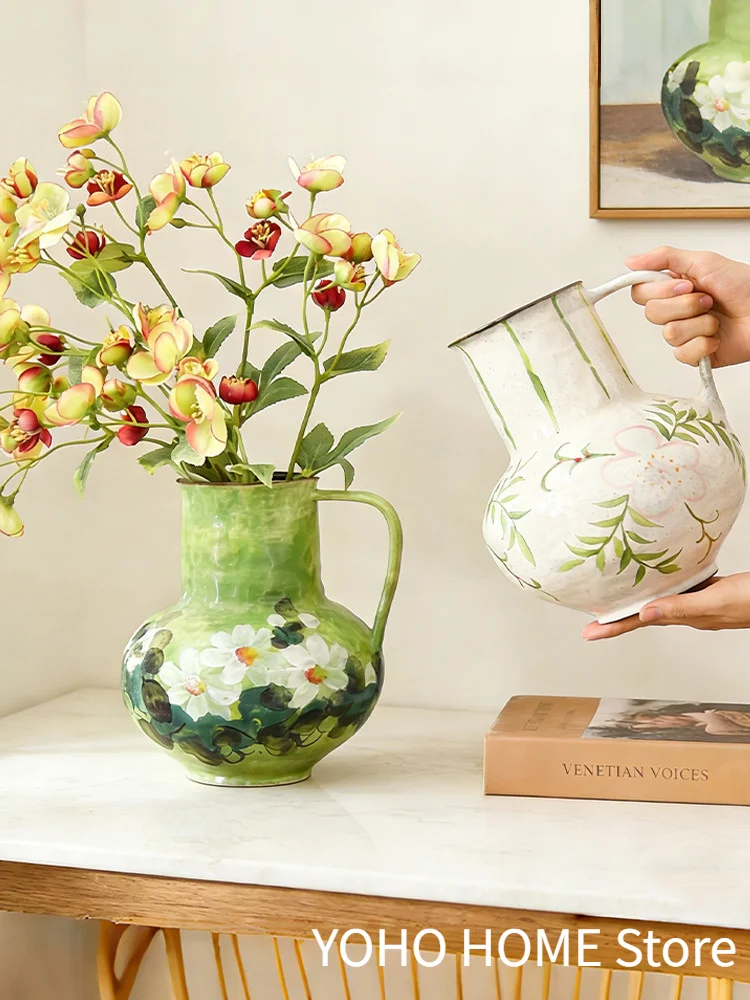 

Jingdezhen Hand-Painted Ceramic Vase Ornaments For Living Room Arrangement, High-End Chinese Retro Art Green Flower Pottery Jar