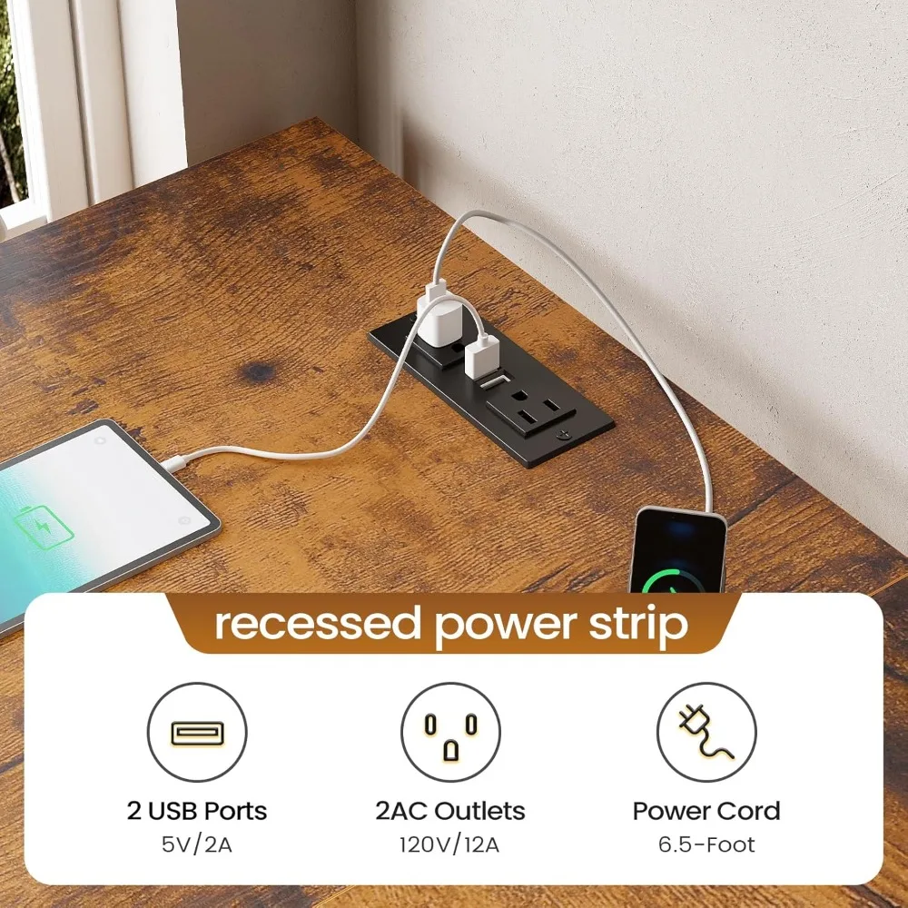 مكتب على شكل حرف L، مكتب كمبيوتر مقاس 63 بوصة مع 5 أدراج ومخرج طاقة، مكتب مكتب منزلي طويل أو مكتب زاوية، مكتب زاوية على شكل حرف L مع