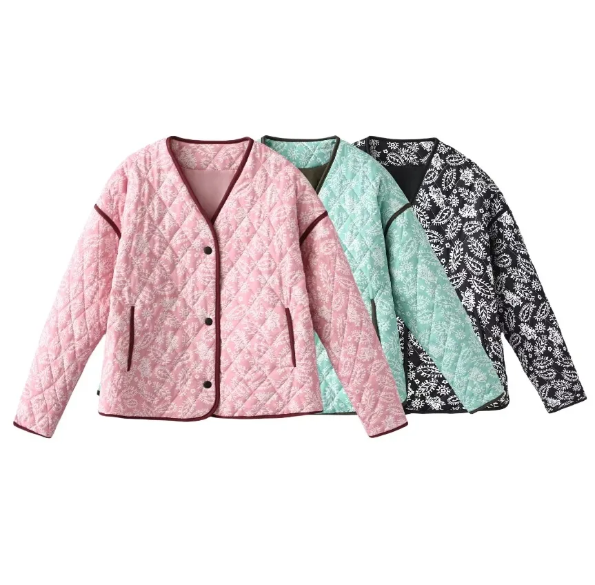 

2025 New Women's Casual Cotton-Printed Loose-Fit Polyester V-Neck Jacket