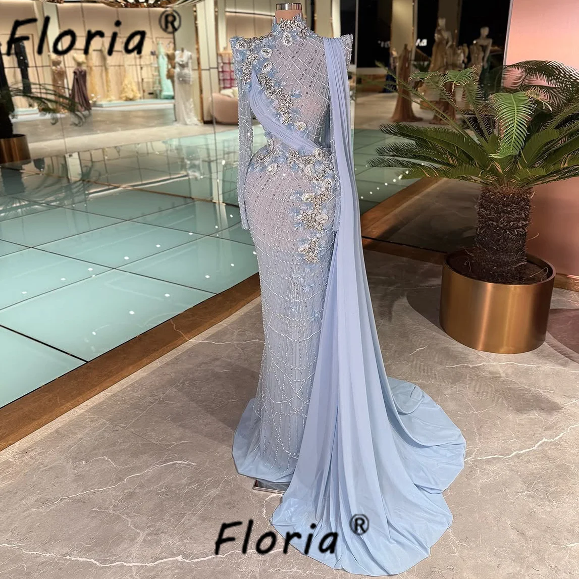 

Luxury Blue Beaded Mermaid Party Dresses Stunning Crystals 3D Flower Appliques Evening Wedding Gown Celebrity Vestido de Noche