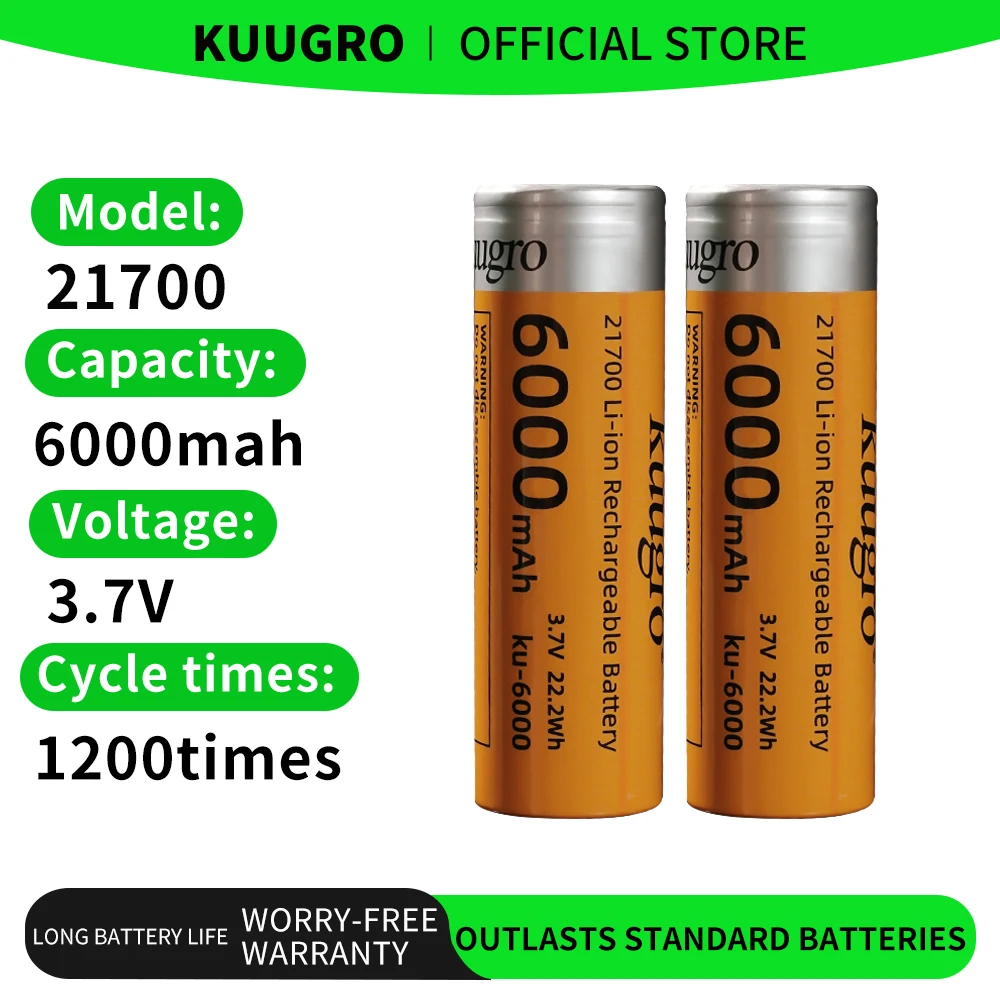 Kuugro Ku-6000 21700 6000mAh 3.7V Rechargeable Lithium Battery 18A Discharge High Power Batteries For High-Power Appliances